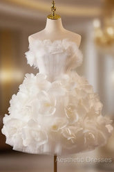 White Tulle Flower Ball Gown Short Evening Prom Dresses, Cute Sweet 16 Dresses